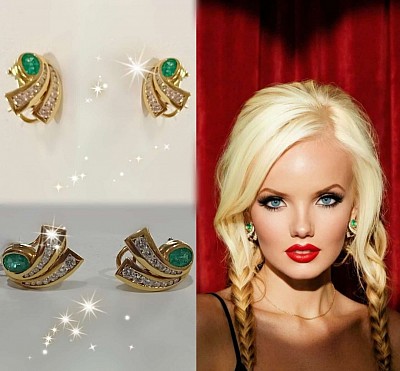 Orecchini in oro 18 kt con smeraldi e  diamanti,-50% di sconto