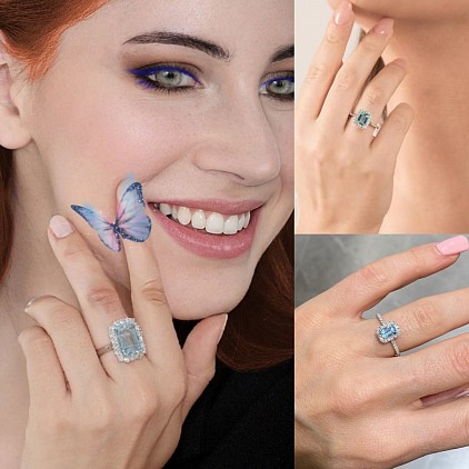 Anello in oro 18kt con acquamarina e diamanti ,-50% di sconto